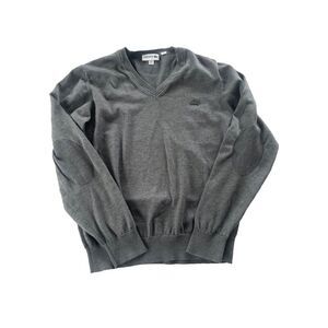 Lacoste Men's Grey V-neck Pullover Sweater Elbow Patch Medium
